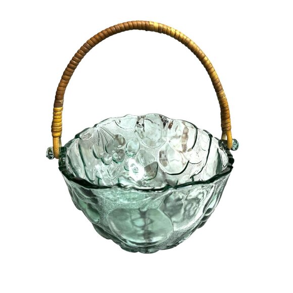 Vintage Libbey Orchard Fruit Green Tint Embossed Oval Bowl Basket - Picture 10 of 11